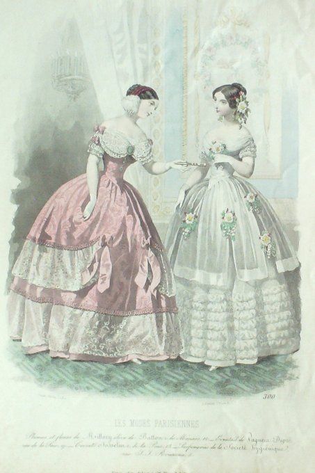 Gravure Les Modes Parisiennes 1847 # 300 Robes en dentelles Maison Josselin