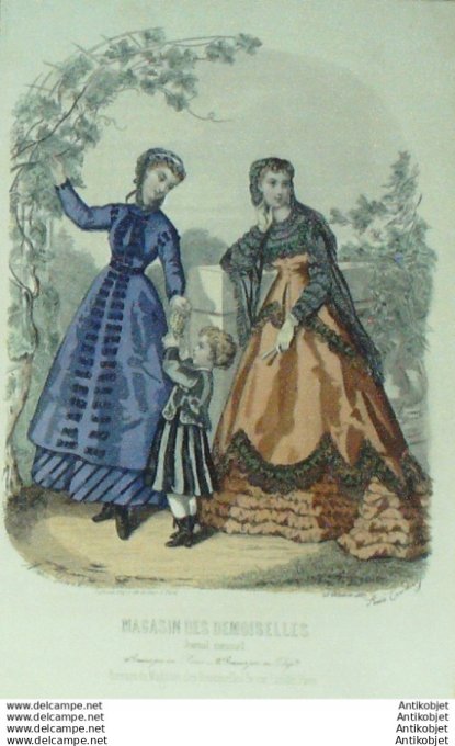 Gravure Mode Magasin Demoiselles 1867 # 10 (aquarellee Old Fashion plate)