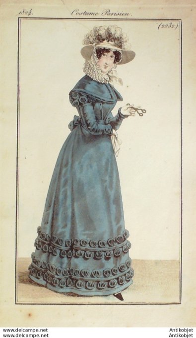 Gravure de mode Costume Parisien 1824 n°2232 Robe gros d'été et coquilles