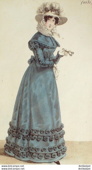 Gravure de mode Costume Parisien 1824 n°2232 Robe gros d'été et coquilles