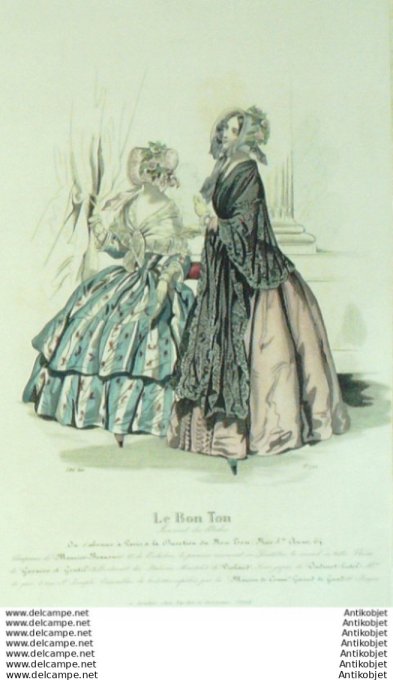 Gravure Mode Le Bon Ton 1843 # 701 (aquarelle old fashion plate)
