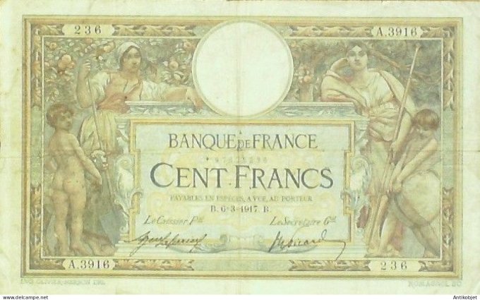 Billet Banque de France 100 francs Luc Olivier Merson B.6=3=1917 TTB