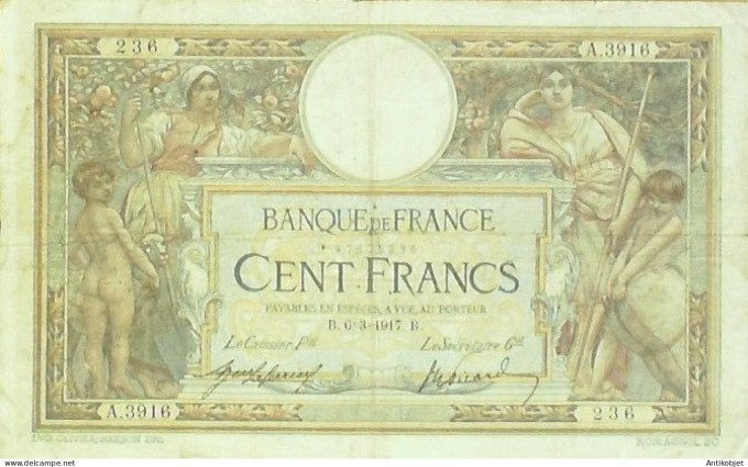 Billet Banque de France 100 francs Luc Olivier Merson B6=3=1917 TTB