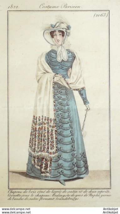 Gravure de mode Costume Parisien 1822 n°2063 Redingote de gros de Naple