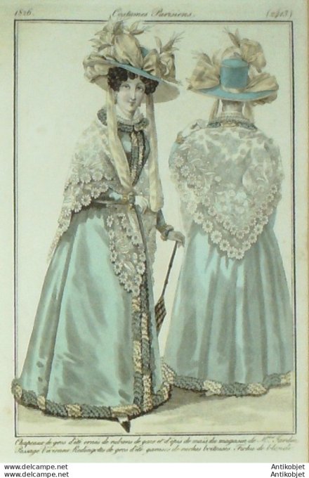 Gravure de mode Costume Parisien 1826 n°2413 Redingotes de gros d'été