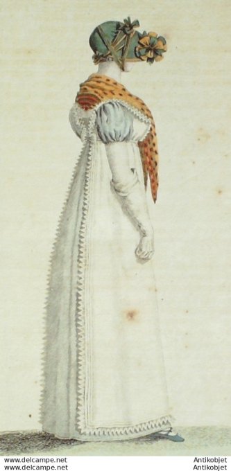 Gravure de mode Costume Parisien 1807 n° 849 Tablier mousseline robe taffetas