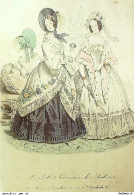 Gravure Mode Le Follet 1832 # 263 (aquarelle Old Fashion plate)