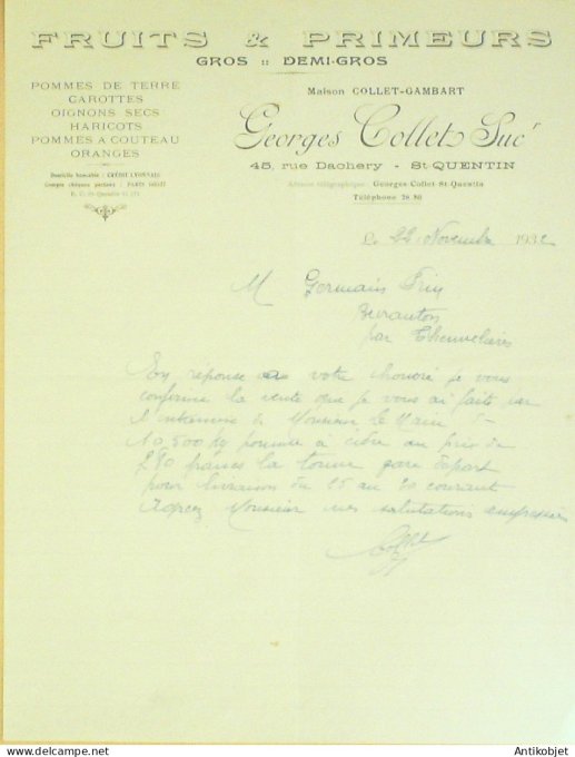 Facture Georges Collet Suc (Fruits primeurs) 1932 St Quentin (02)