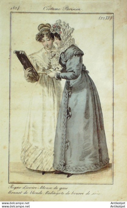 Costume Parisien 1824 # 2233 Blouze gaze peigne d'ivoire Redingote