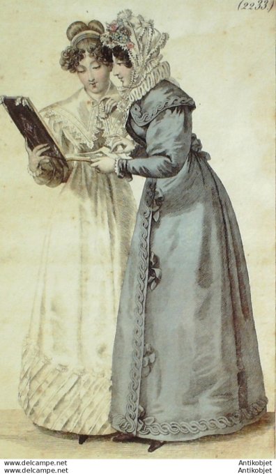 Gravure de mode Costume Parisien 1824 n°2233 Blouze gaze peigne d'ivoire Redingote