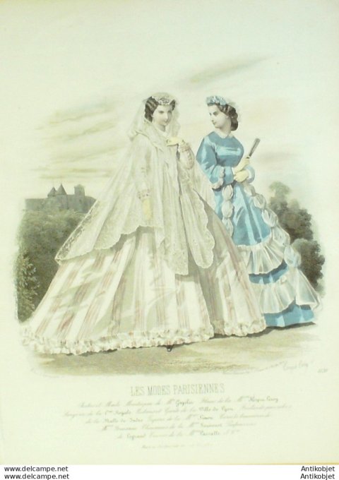 Gravure Les Modes Parisiennes 1863 #1120 Robes de voiles Maison Cagelin