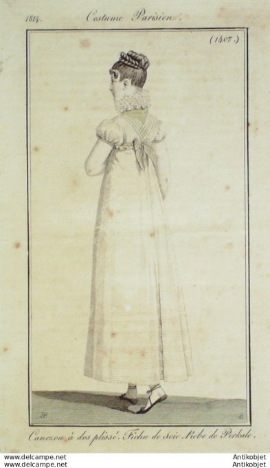 Gravure de mode Costume Parisien 1814 n°1407 Canezou à dos plissé. Fichu