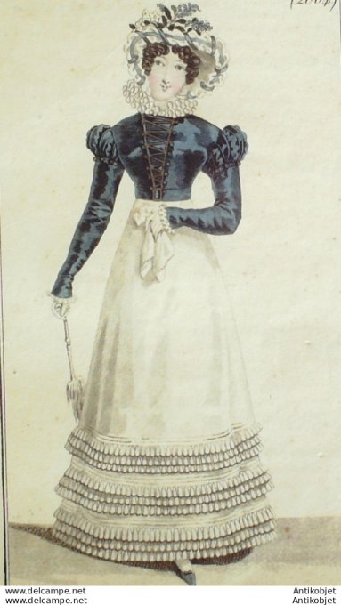 Gravure de mode Costume Parisien 1822 n°2064 Spencer velours  Robe perkale