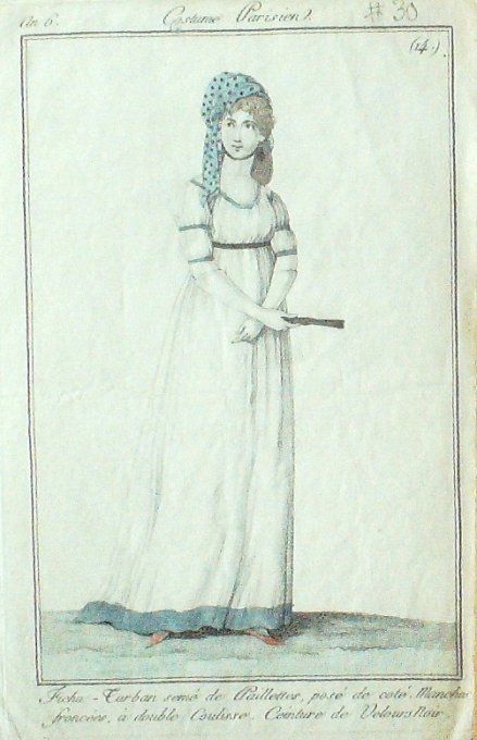 Gravure Mode Costume Parisien 1797 an  6 #  30 (eau forte old Fashion plate