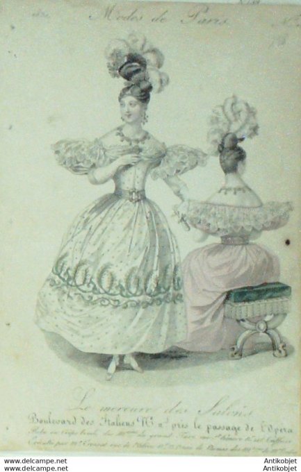 Gravure de mode Le Follet 1829 n°128 Robe en crêpe brodé