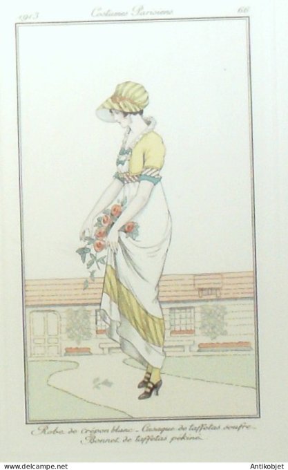 Gravure de mode Costume Parisien 1913 pl.066 BARBIER George Robe de crépon