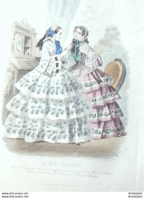 Gravure Les Modes Parisiennes 1852 # 695 Robe d'Ornagi Maison Delisle