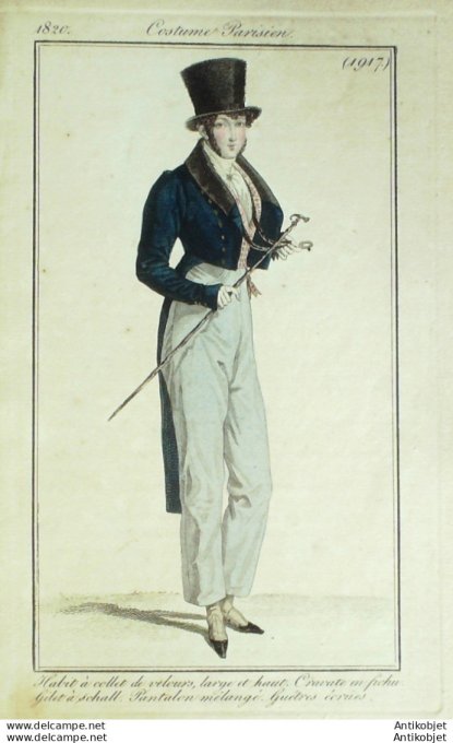 Gravure de mode Costume Parisien 1820 n°1917 Habit homme à collet velours