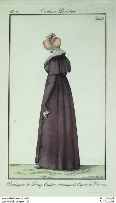 Gravure de mode Costume Parisien 1807 n° 856 Redingote de drap savoyard