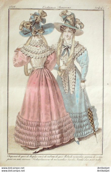 Gravure de mode Costume Parisien 1826 n°2414 Robes de mousseline fichus canezous