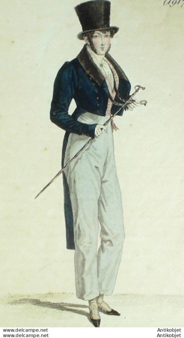 Gravure de mode Costume Parisien 1820 n°1917 Habit homme à collet velours