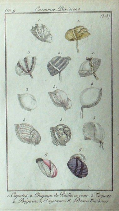 Gravure Mode Costume Parisien 1801 an   9 # 313 (eau forte old Fashion plate