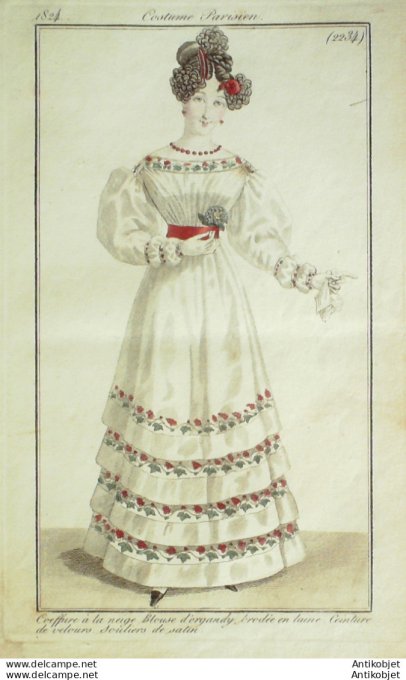 Gravure de mode Costume Parisien 1824 n°2234 Blouse d'Organdy brodée en laine