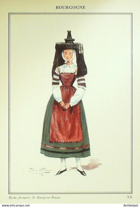 Costume Alsace Bourgogne Bourg-en-Bresse (01) Fermière signé illustré par P.A Leroux XXème