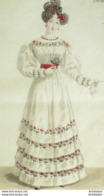 Gravure de mode Costume Parisien 1824 n°2234 Blouse d'Organdy brodée en laine