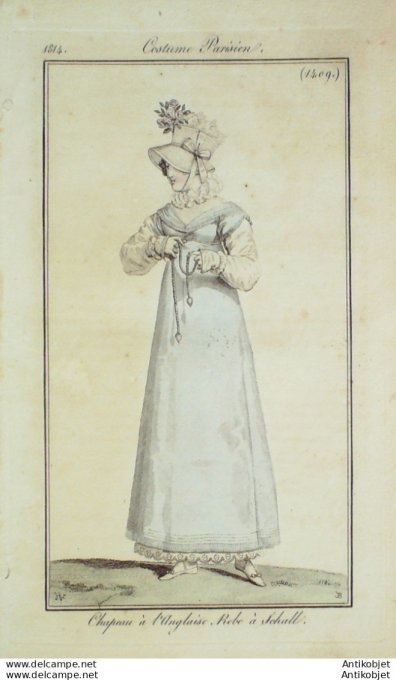 Gravure de mode Costume Parisien 1814 n°1409 Chapeau à l'Anglaise Robe à Schall