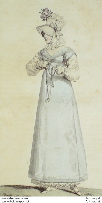 Gravure de mode Costume Parisien 1814 n°1409 Chapeau à l'Anglaise Robe à Schall