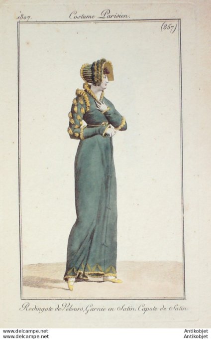 Gravure de mode Costume Parisien 1807 n° 857 Redingote velours & satin