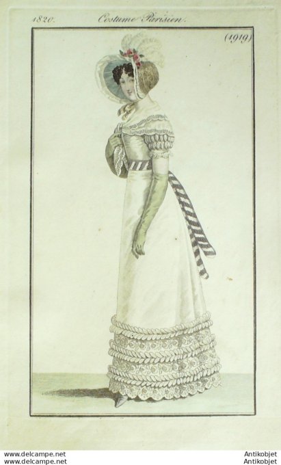 Gravure de mode Costume Parisien 1820 n°1919 Robe perkale  garnie