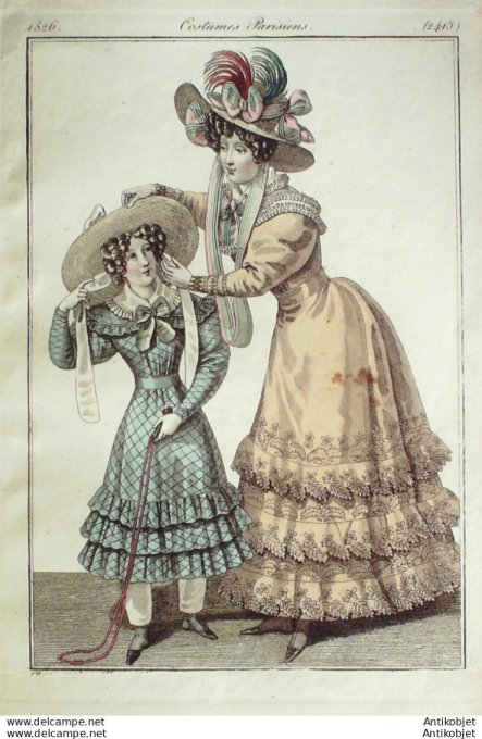 Gravure de mode Costume Parisien 1826 n°2415 Robes de perkale et mousseline