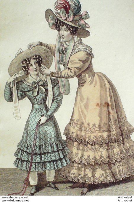 Gravure de mode Costume Parisien 1826 n°2415 Robes de perkale et mousseline