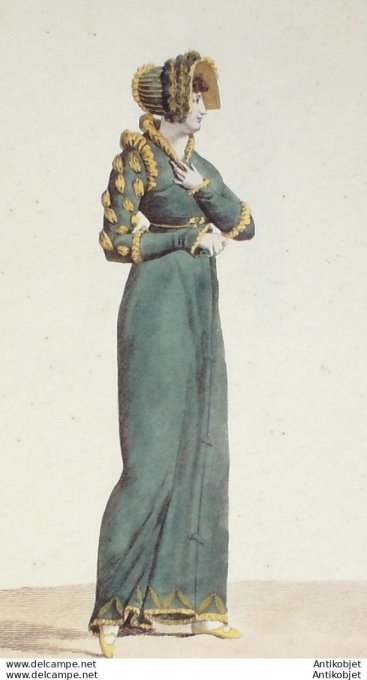 Gravure de mode Costume Parisien 1807 n° 857 Redingote velours & satin