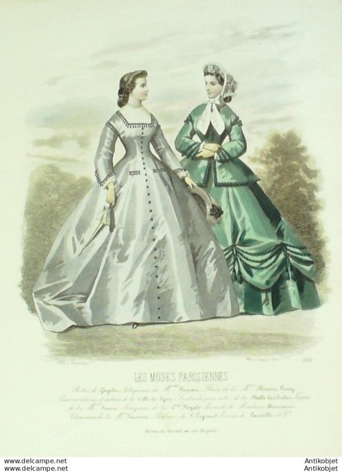 Gravure Les Modes Parisiennes 1863 #1122 Robes satin Maison Cagelin