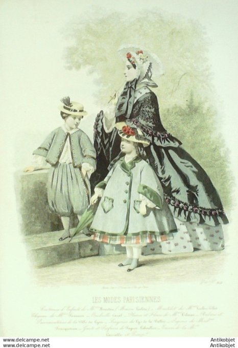 Gravure Les Modes Parisiennes 1861 # 951 Robe Jersey Costumes enfants Maison Bourdou