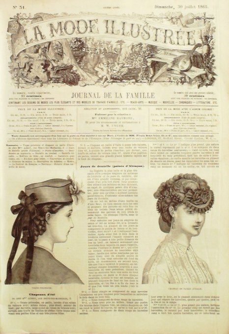 Journal Mode illustrée 1865 # 31 Toque polonaise & chapeau de paille