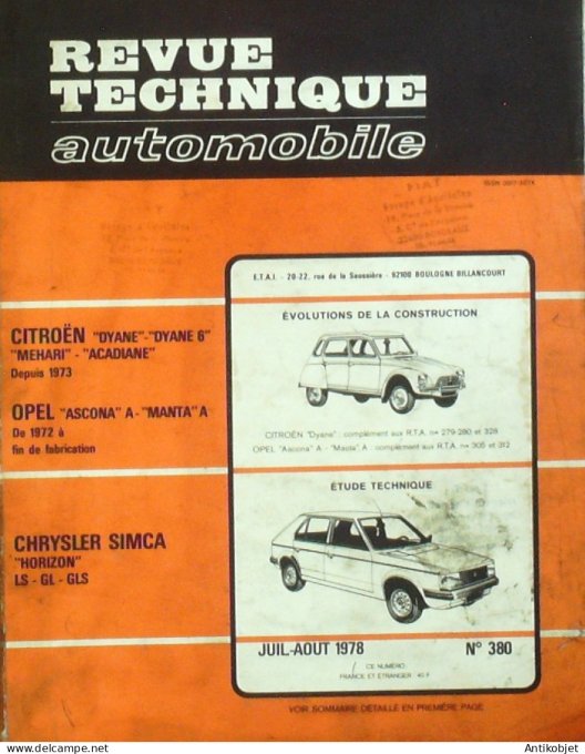 Revue Tech. Automobile 1978 n°380 Chrysler Simca Opel Ascona Manta Citroen Dyane