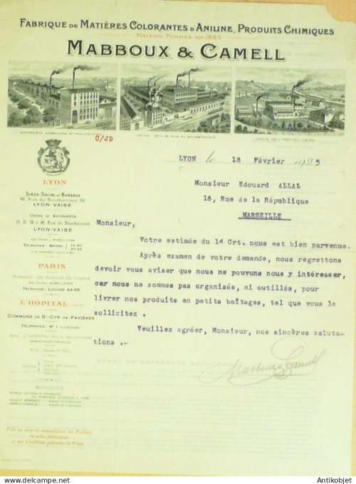 Lettre Ciale Mabboux Camell (Matière colorantes d'Aniline) 1925 Lyon (69) 2