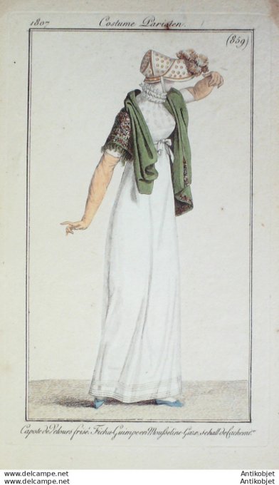 Gravure de mode Costume Parisien 1807 n° 859 Fichu Guimpe mousseline