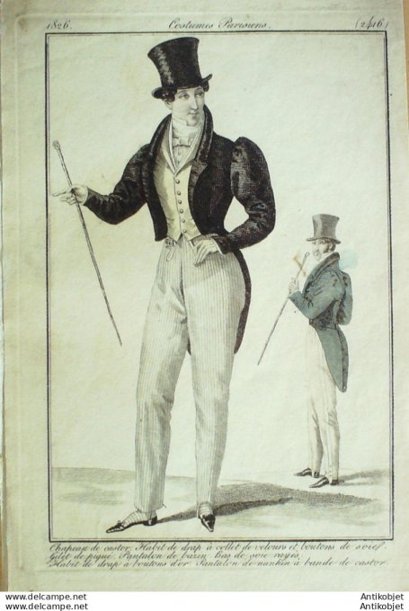 Gravure de mode Costume Parisien 1826 n°2416 Habits de drap homme à collet