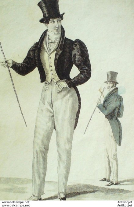 Gravure de mode Costume Parisien 1826 n°2416 Habits de drap homme à collet