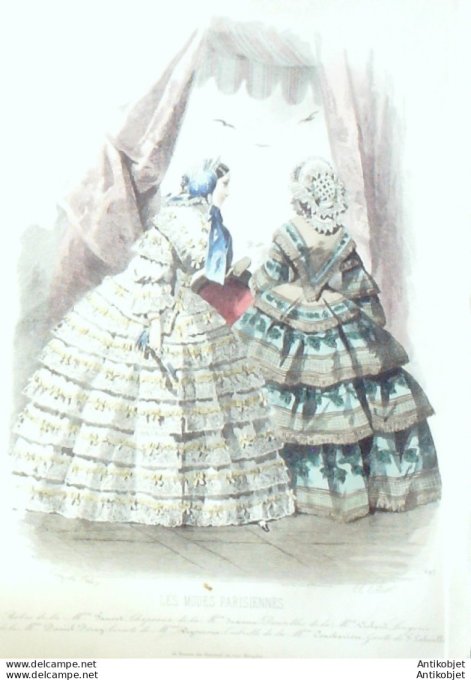 Gravure Les Modes Parisiennes 1852 # 697 Robes de gros de Naples Maison Fauvet