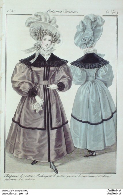 Gravure de mode Costume Parisien 1830 n°2840 Redingote de satin garnie de rouleaux
