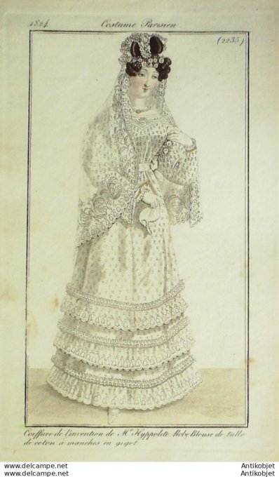 Gravure de mode Costume Parisien 1824 n°2235 Robe blouse de tulle manches gigot