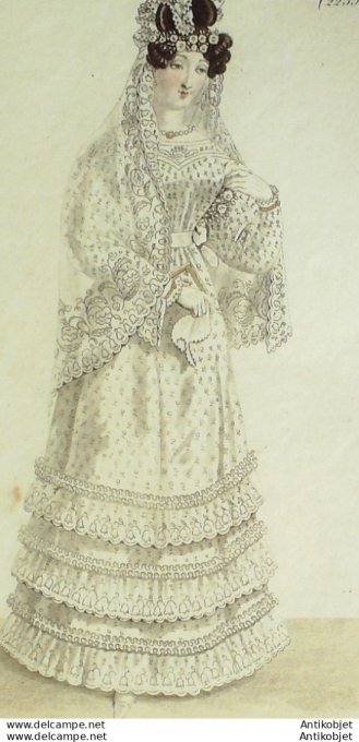 Gravure de mode Costume Parisien 1824 n°2235 Robe blouse de tulle manches gigot