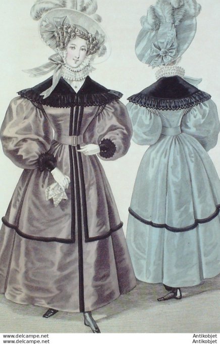 Gravure de mode Costume Parisien 1830 n°2840 Redingote de satin garnie de rouleaux