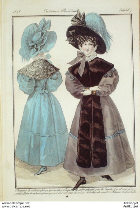 Gravure de mode Costume Parisien 1828 n°2656 Palatine de martre  Pélerine Chinchilla